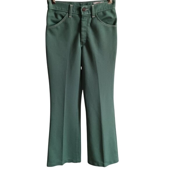 26x33 Vintage 70's Farah Mens Avocado Green Polyester Bootcut Stretch Knit Pants - Picture 1 of 7